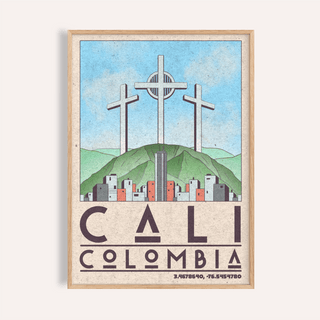 Framed Cali Colombia art print of three crosses monument with blue sky and cityscape