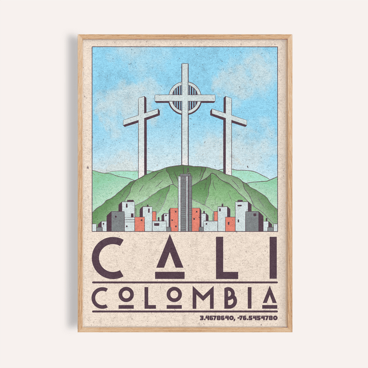 Framed Cali Colombia art print of three crosses monument with blue sky and cityscape