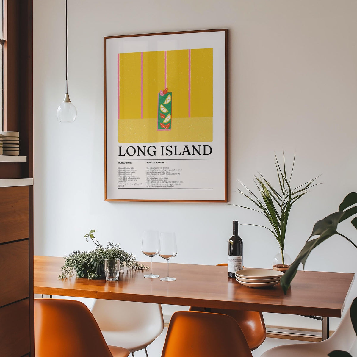 Drink print Long Island minimalist cocktail illustration above wooden dining table with plants and wine bottle