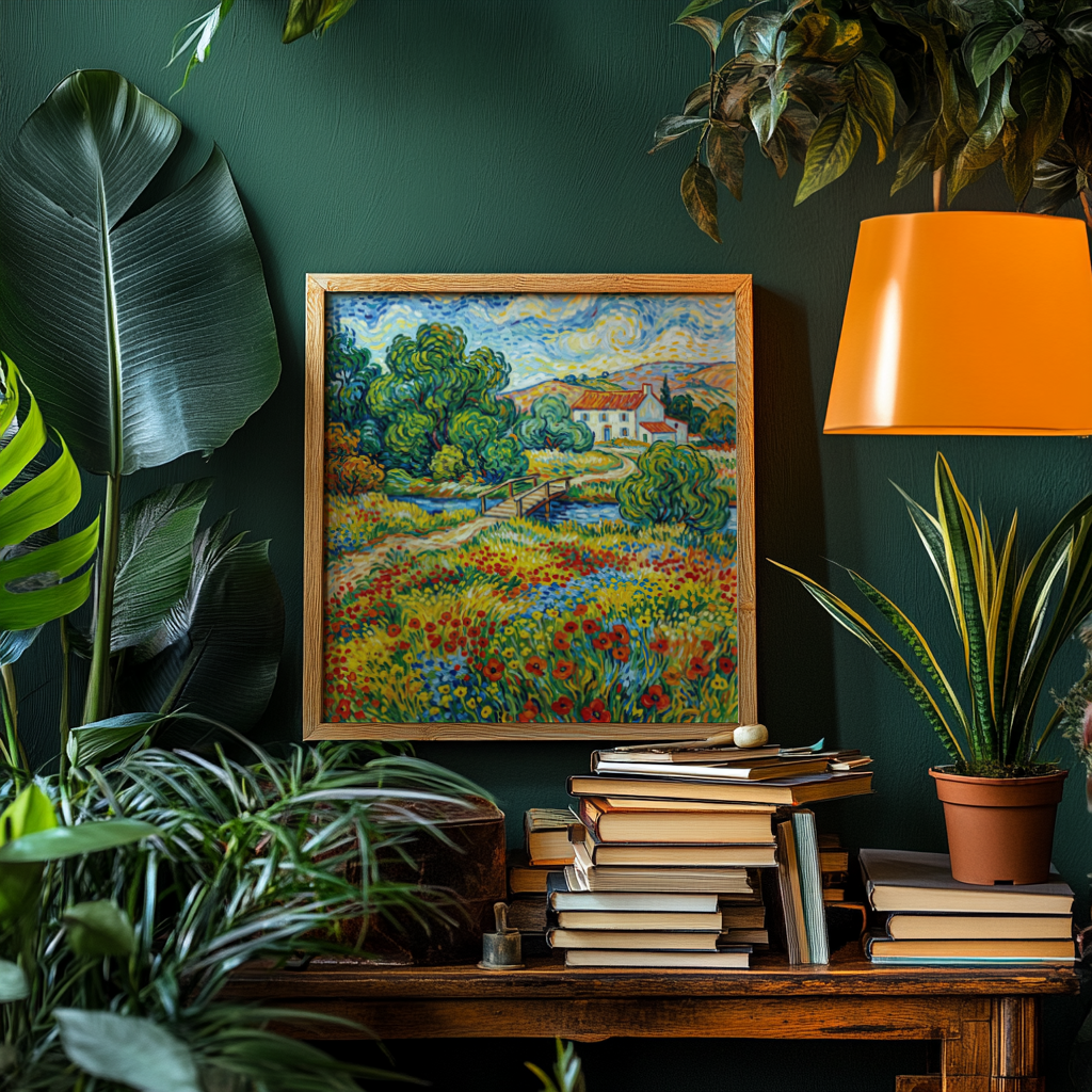 Framed Vibrant Landscape Art with wildflower meadow and house on a green wall above books and plants
