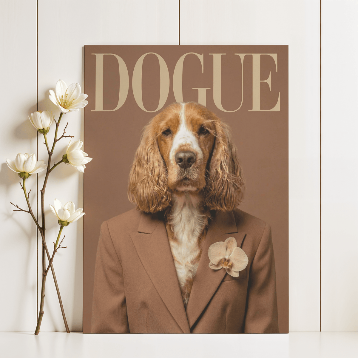Modern Dog Print leaning on a white surface with decorative white flowers beside it