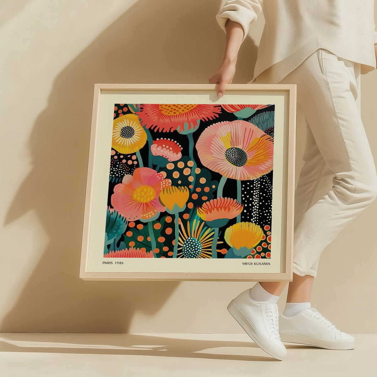 Living room display using pop art style flowers poster