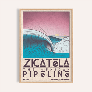 Framed print of Mexican Beach Art showing a vintage style ocean wave in blue and pink tones