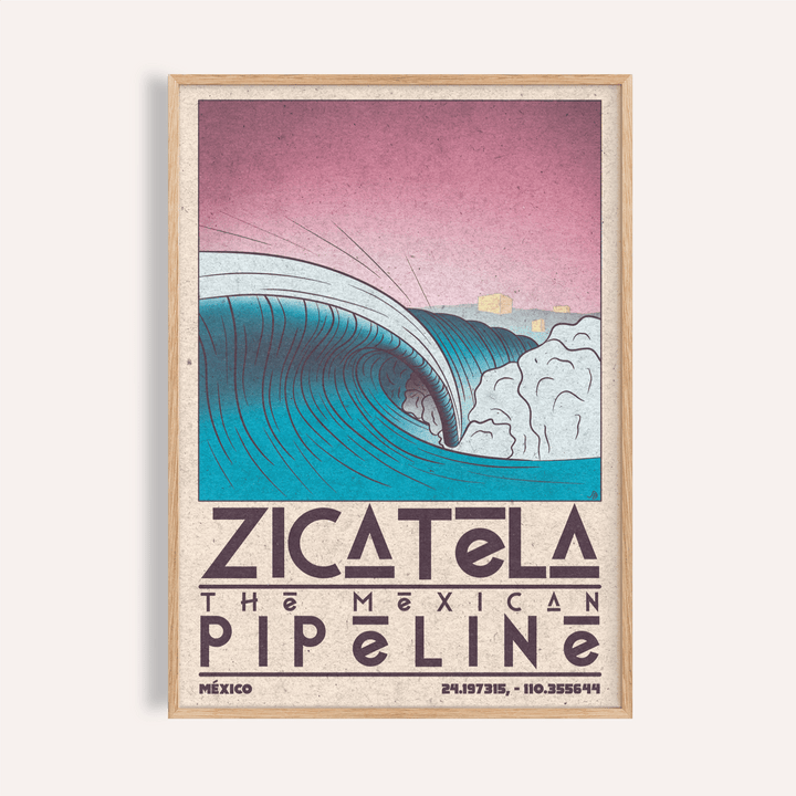 Framed print of Mexican Beach Art showing a vintage style ocean wave in blue and pink tones