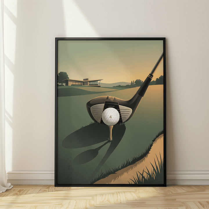 Framed Golf Driver Art Print showing a golf driver and ball with green and beige tones leaning against a cream wall