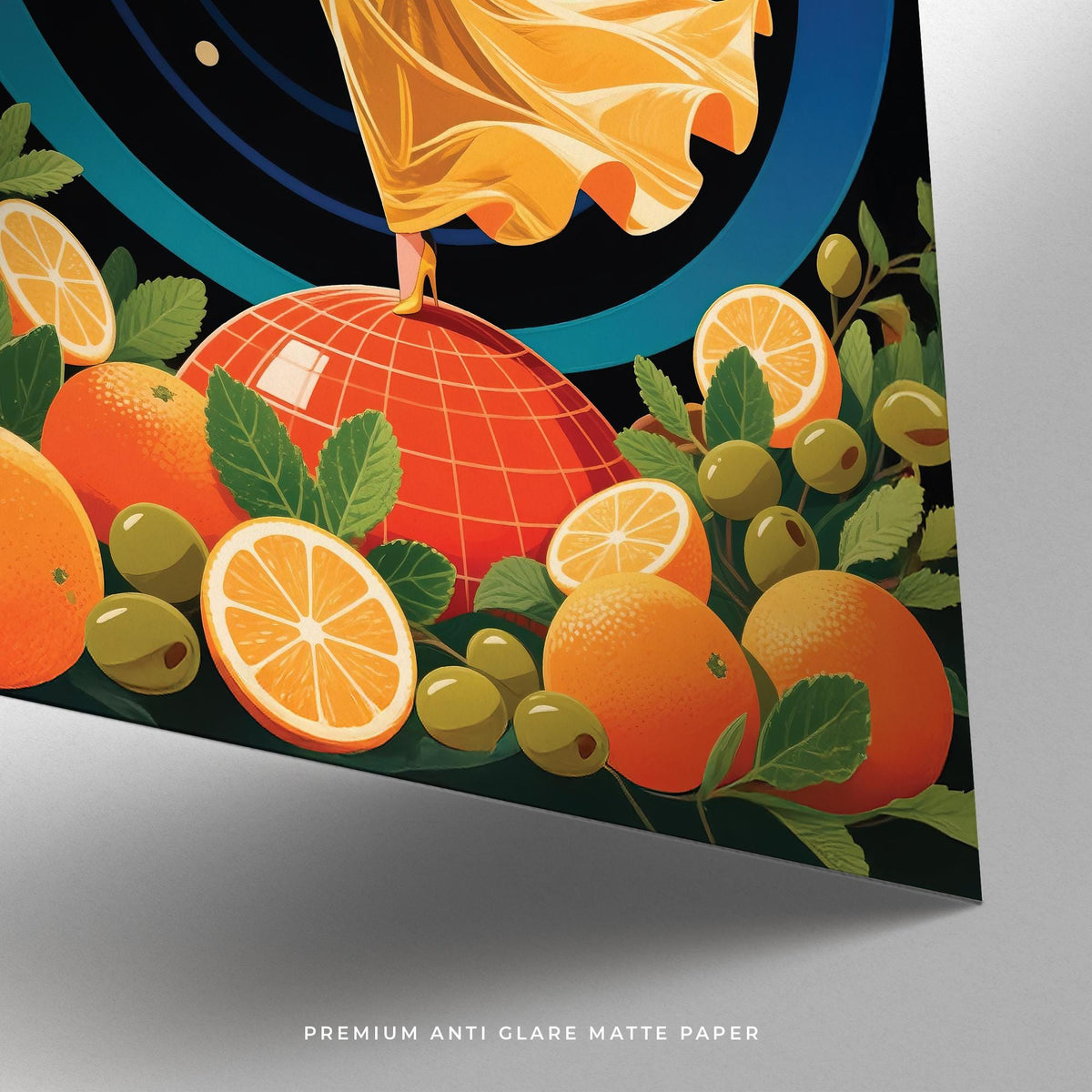 Close-up of Prints for Bar showing oranges and green olives with an art-deco style