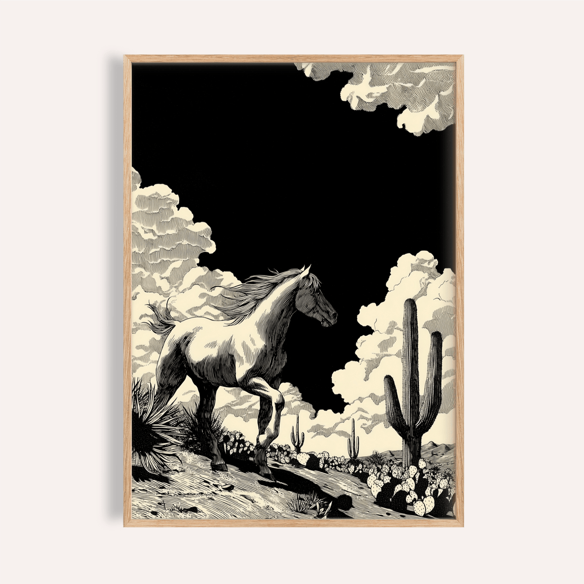 Running Horse wall art featuring a black and white wild horse and desert plants in a natural frame