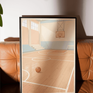 Framed Vintage Basketball Wall Art with pastel orange and blue tones leaning on a brown leather sofa