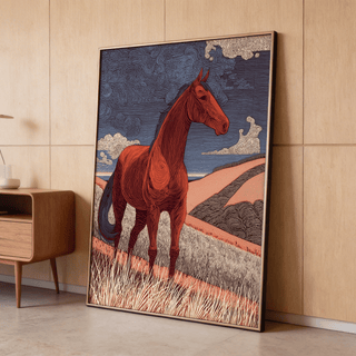 Framed print of horse line art with red and blue tones leaning on a floor near wooden cabinet
