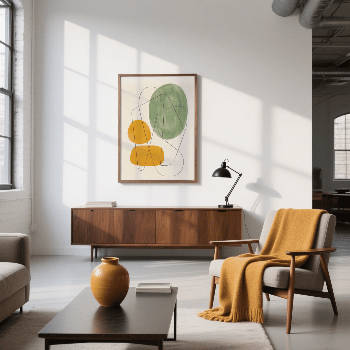 Yellow and green print with abstract organic shapes in a bright living room above a sideboard with a black lamp