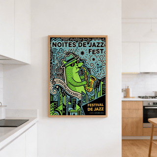 Print on a wall of the Lisbon Jazz Poster featuring a green cat playing saxophone in pop-art style in a kitchen