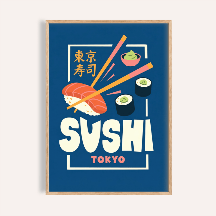 Framed close-up of sushi wall art with a navy background and bold cream and red text