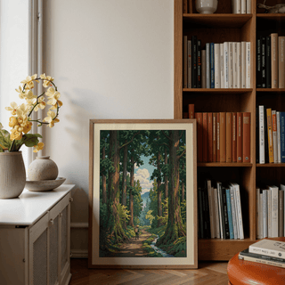 Forest Path wall art leaning against a bookshelf with orange books and an orange chair nearby