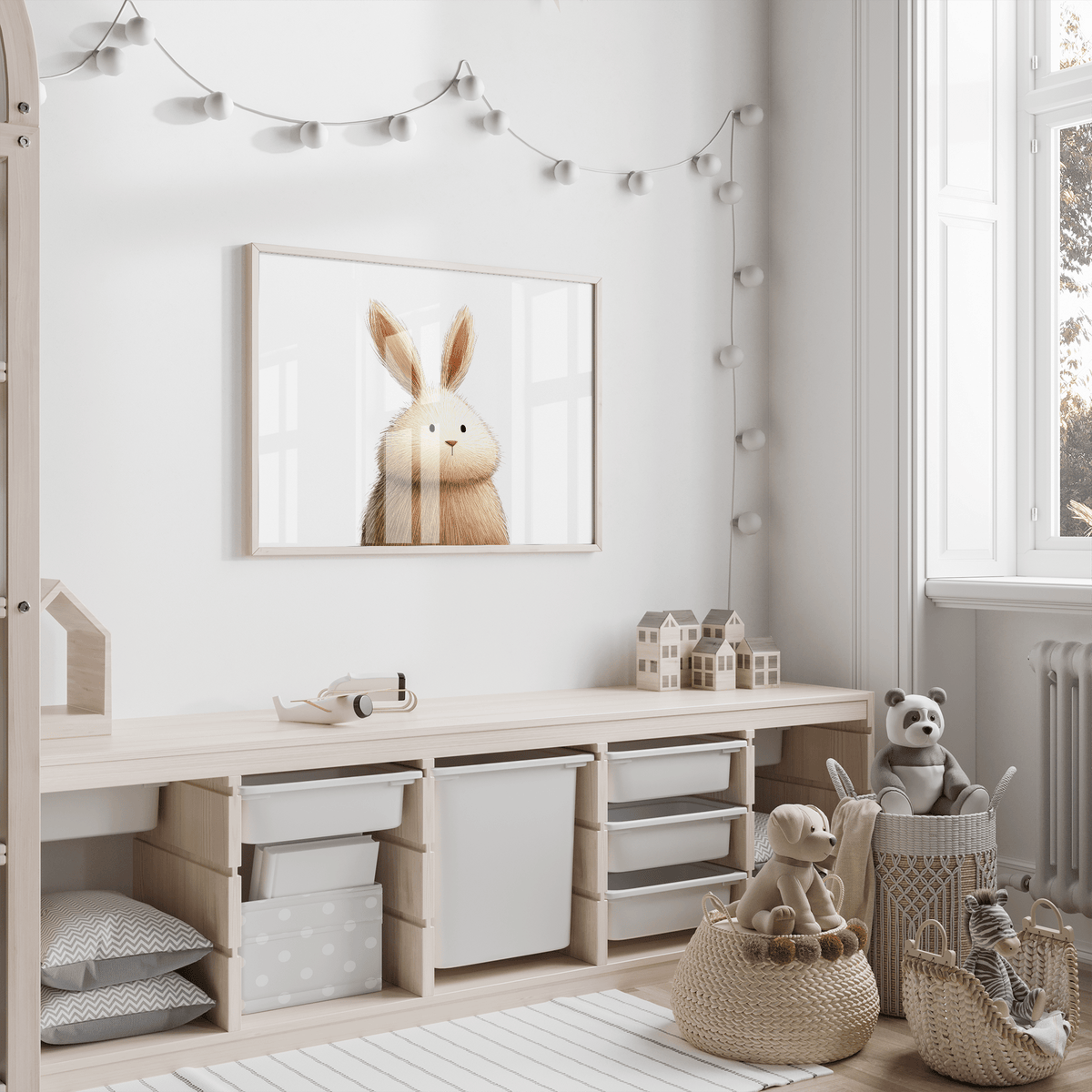 Cute Rabbit wall art of a fluffy rabbit in soft brown tones in a child's playroom above storage