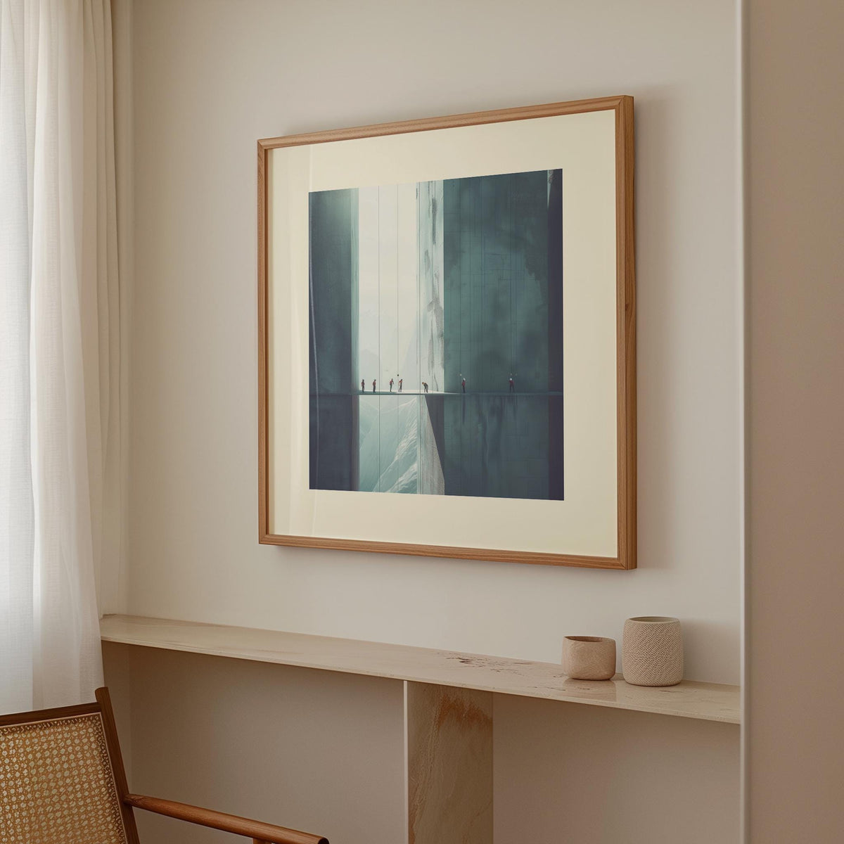 Surreal art prints framed print of rope climbers on tall buildings in muted blues hanging above a wooden shelf