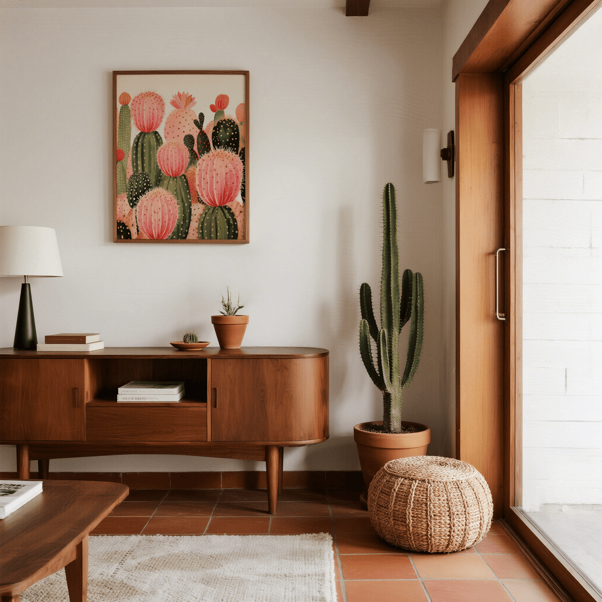 Print of a pink cactus illustration on a wall above a wooden sideboard with lamp and plants