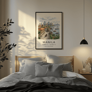 Print of Manila cityscape with watercolour style and boats above a bed in a bedroom