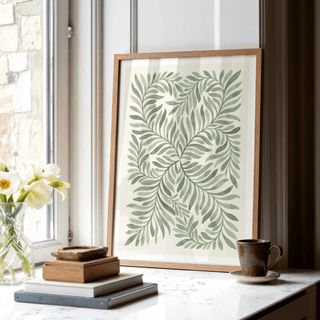 Print leaning on a white windowsill with green botanical leaves in a wooden frame and a brown cup nearby