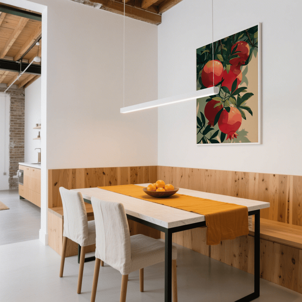 Pomegranate Art Print hanging above a dining table with a bowl of oranges and modern wood panel walls