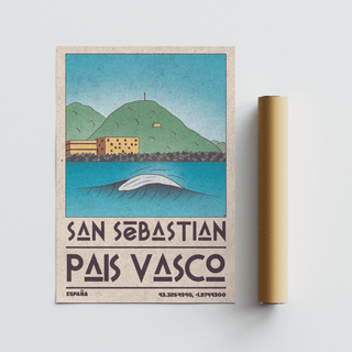 Pais Vasco print with a minimalist illustration of a breaking wave and green hills rolled beside a packaging tube