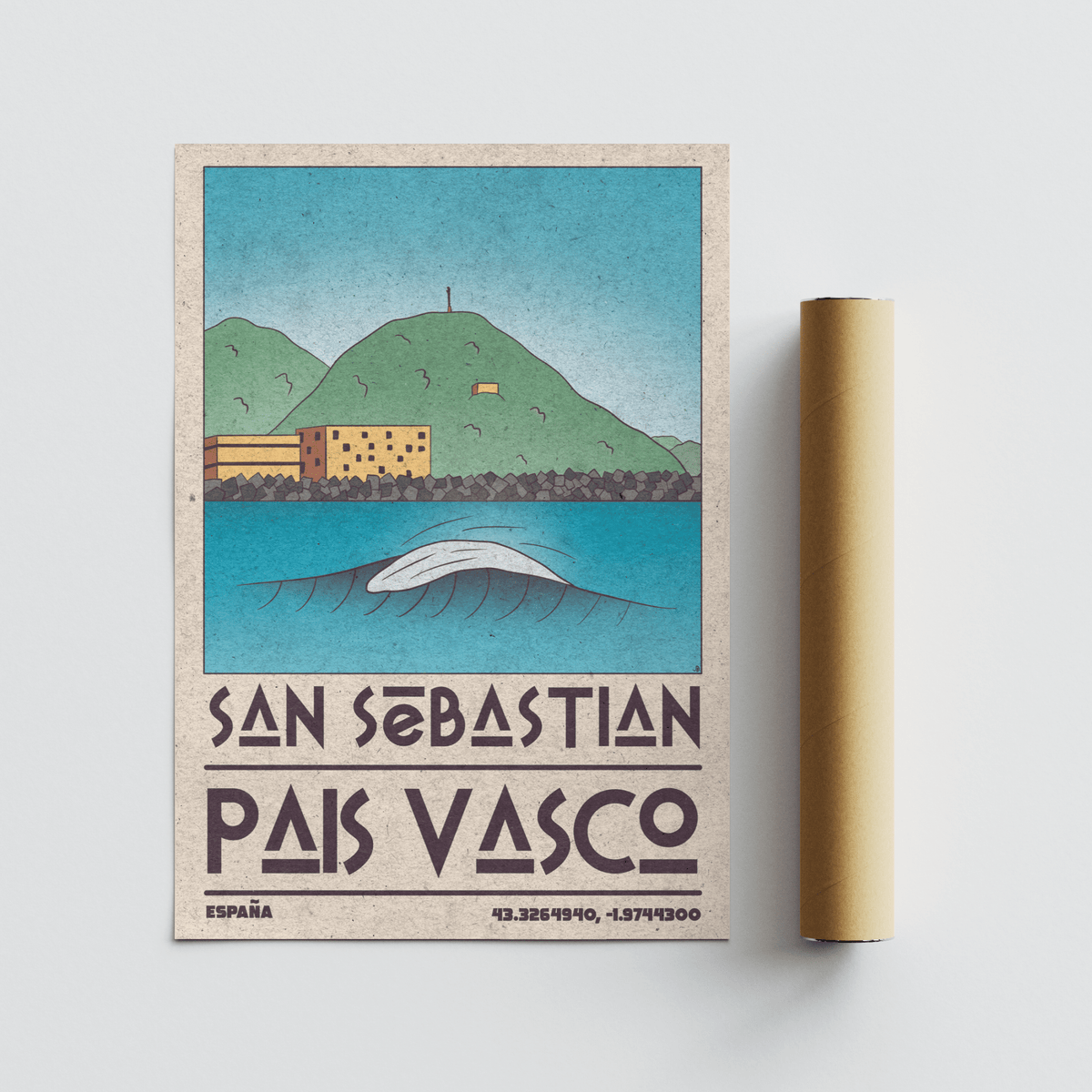 Pais Vasco print with a minimalist illustration of a breaking wave and green hills rolled beside a packaging tube