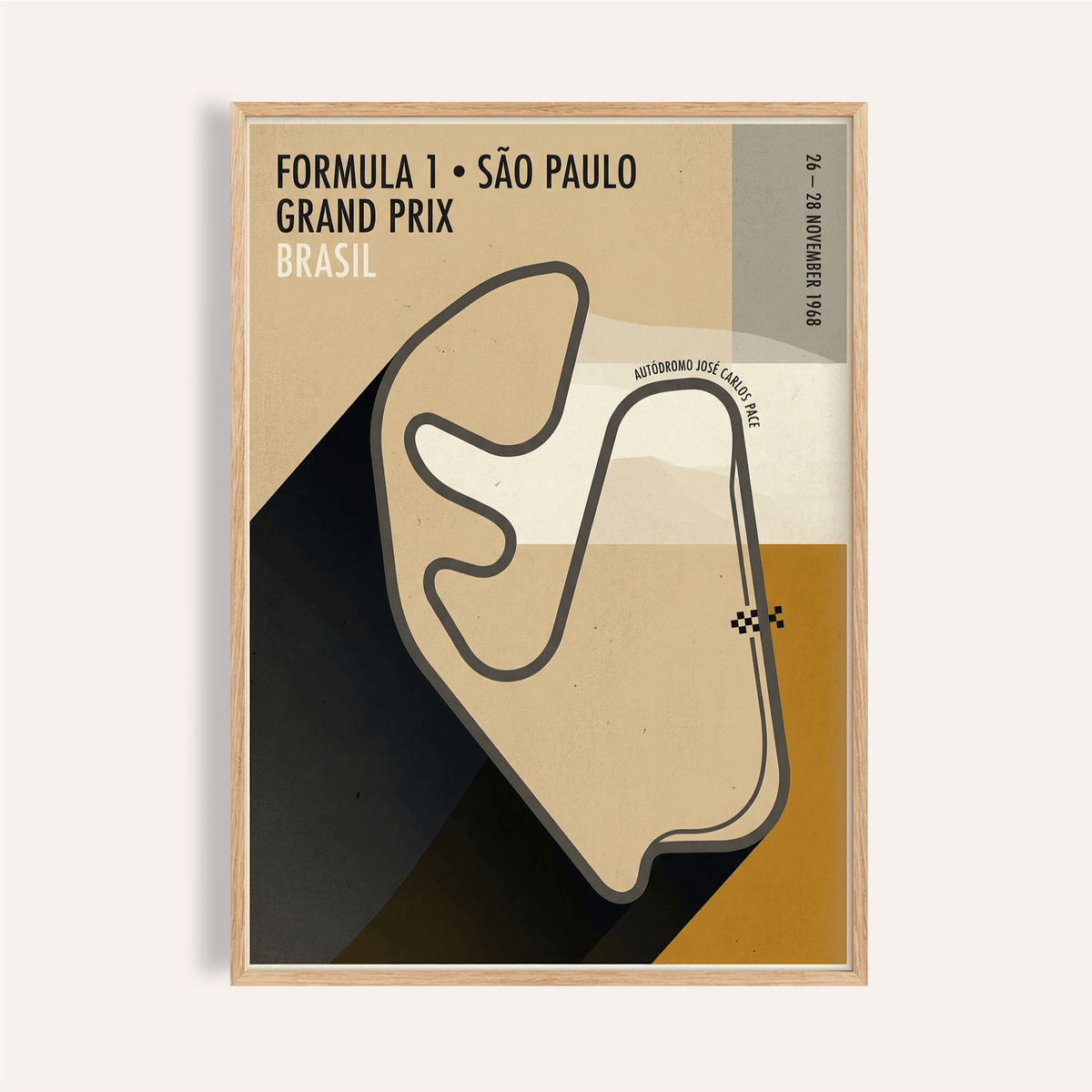 Framed close-up of Sao Paulo Race Circuit Diagram Poster with beige and black abstract shapes