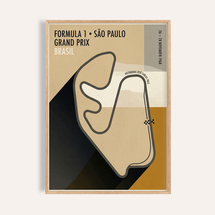 Framed close-up of Sao Paulo Race Circuit Diagram Poster with beige and black abstract shapes