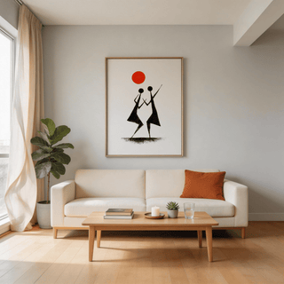 Print on a wall in a living room with minimalist black tribal dancers and a red sun above a cream sofa with an orange cushion