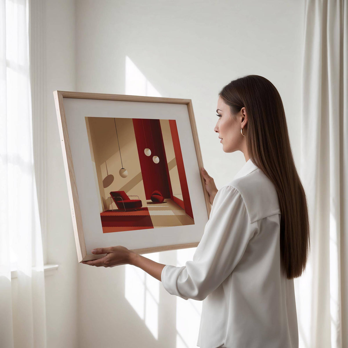Framed Red Wall Art showing a minimalist red armchair and pendant lights held by a woman in natural light