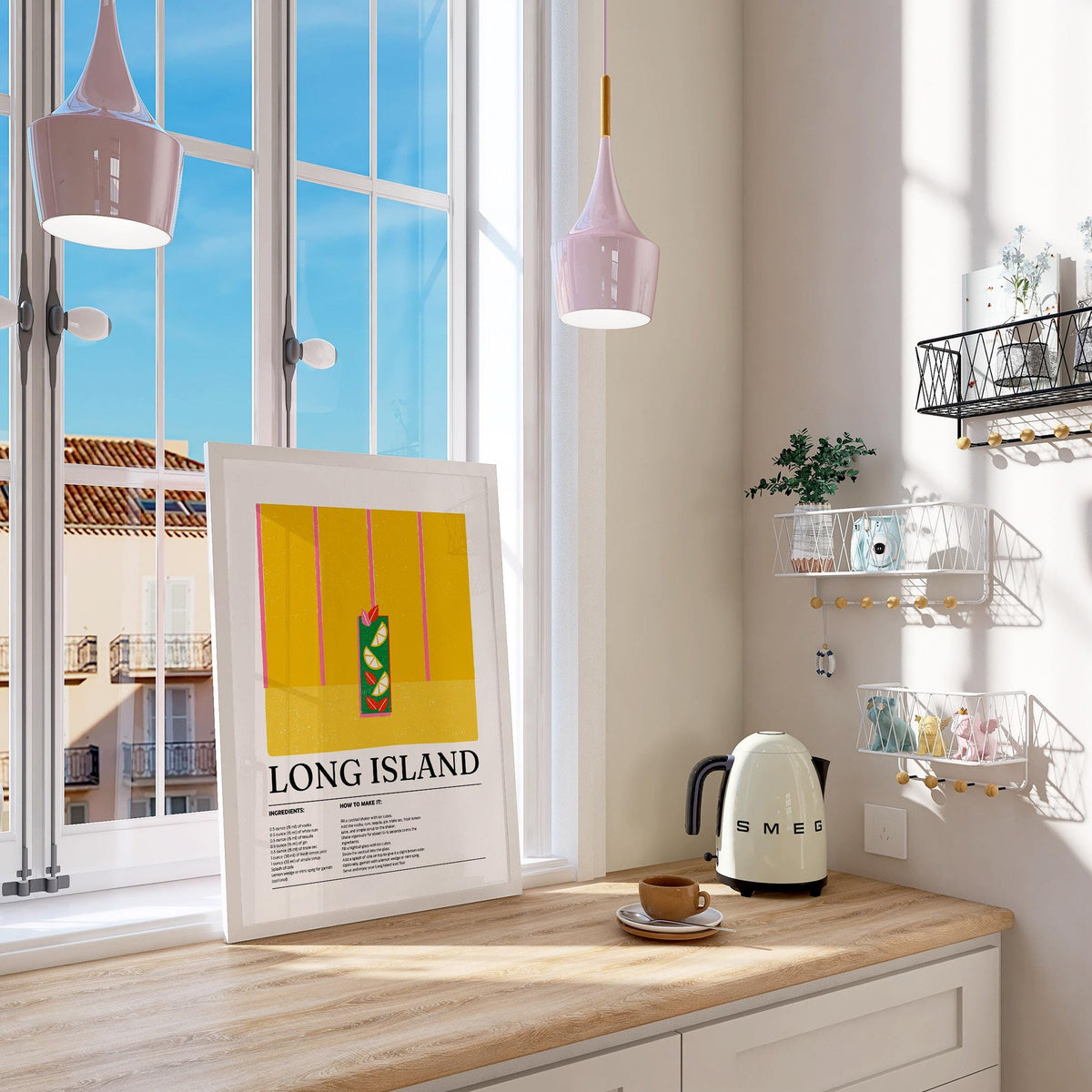 Drink print leaning on kitchen counter near kettle and coffee cup with bright window background