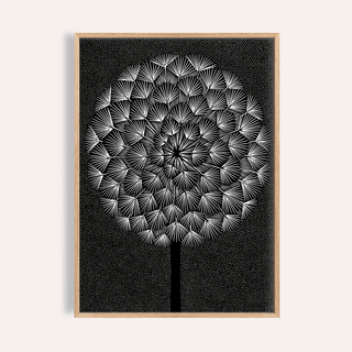 Framed Dandelion wall print with abstract white line art on black background