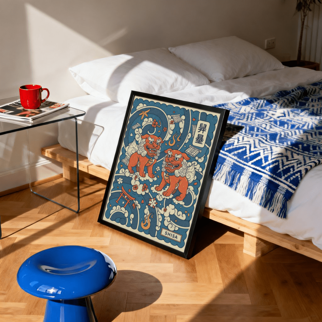 Vintage-style Japanese Shisa Art Print featuring paired guardians and torii gate