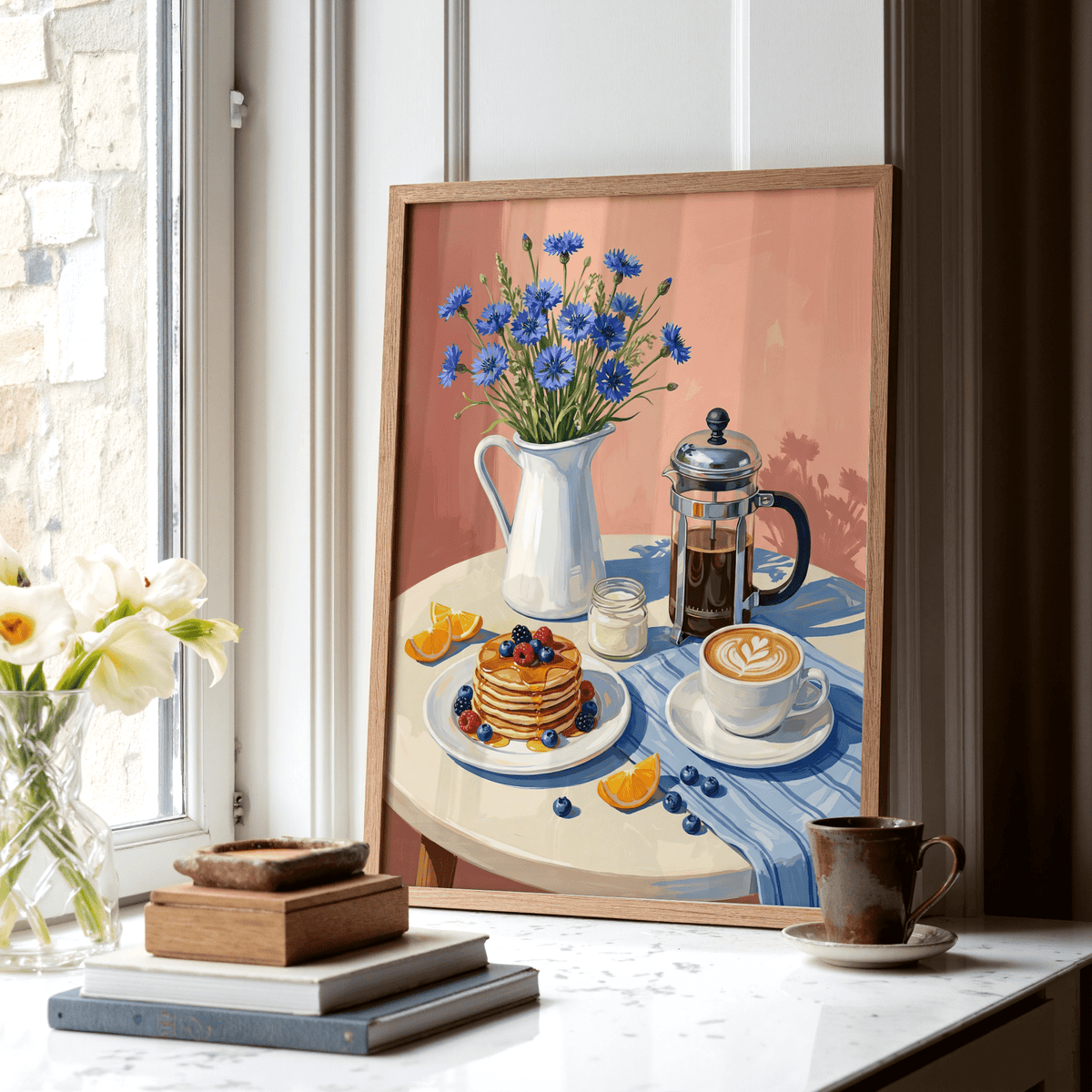 Breakfast art print of pancakes coffee and flowers leaning on a windowsill with a cup and books
