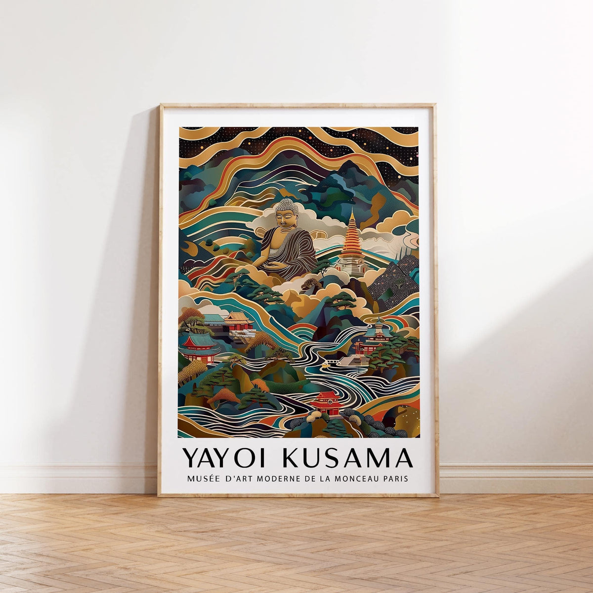 Framed Buddha Poster showing a colourful contemporary buddha statue landscape leaning on a wooden parquet floor