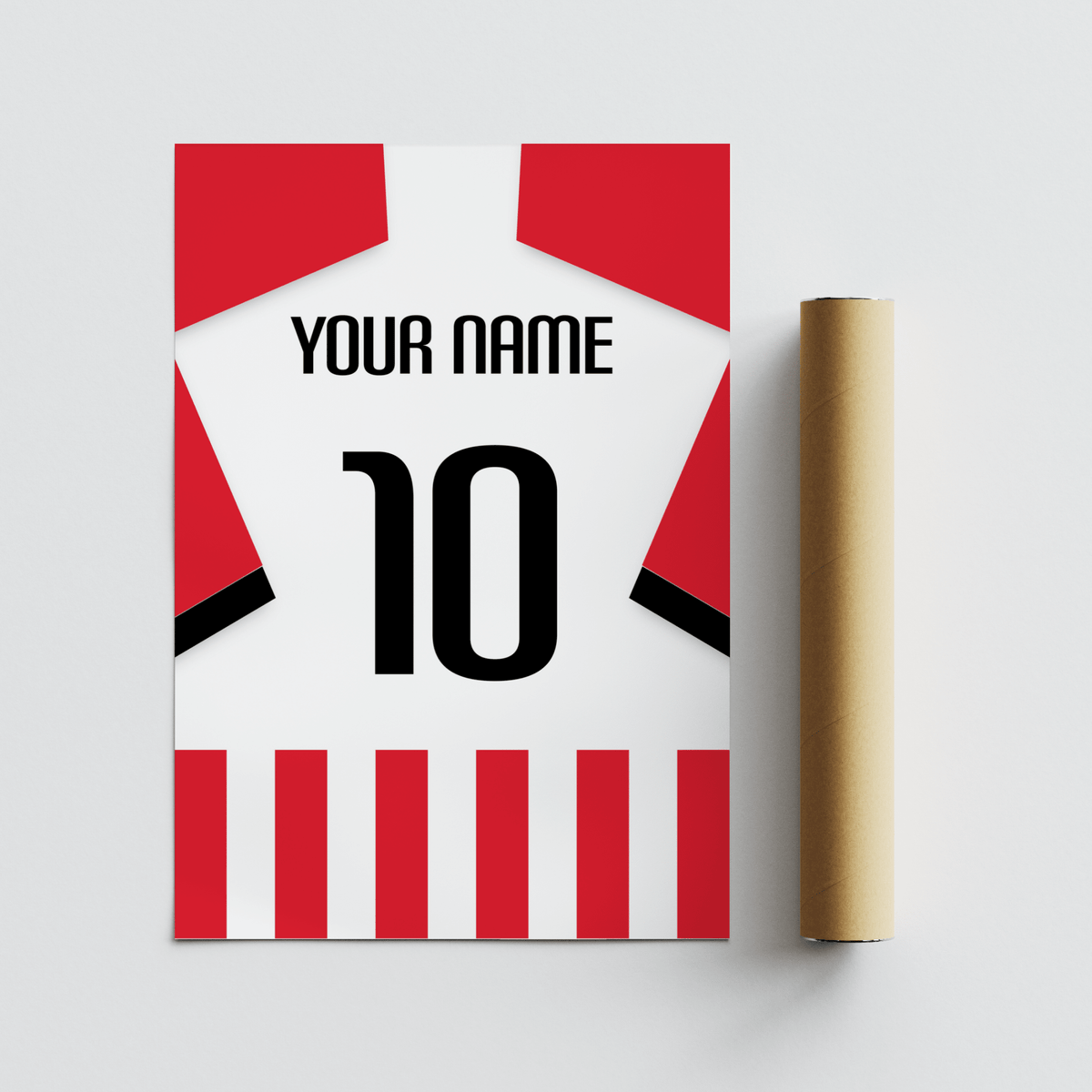 Custom football shirt with red and white stripes and black number beside a brown packaging tube