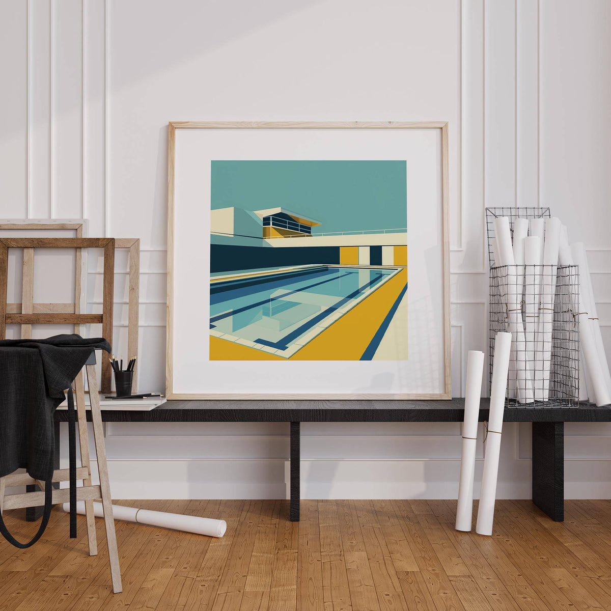 Minimalistic Art print of a swimming pool in yellow and blue on a black bench with rolled papers nearby