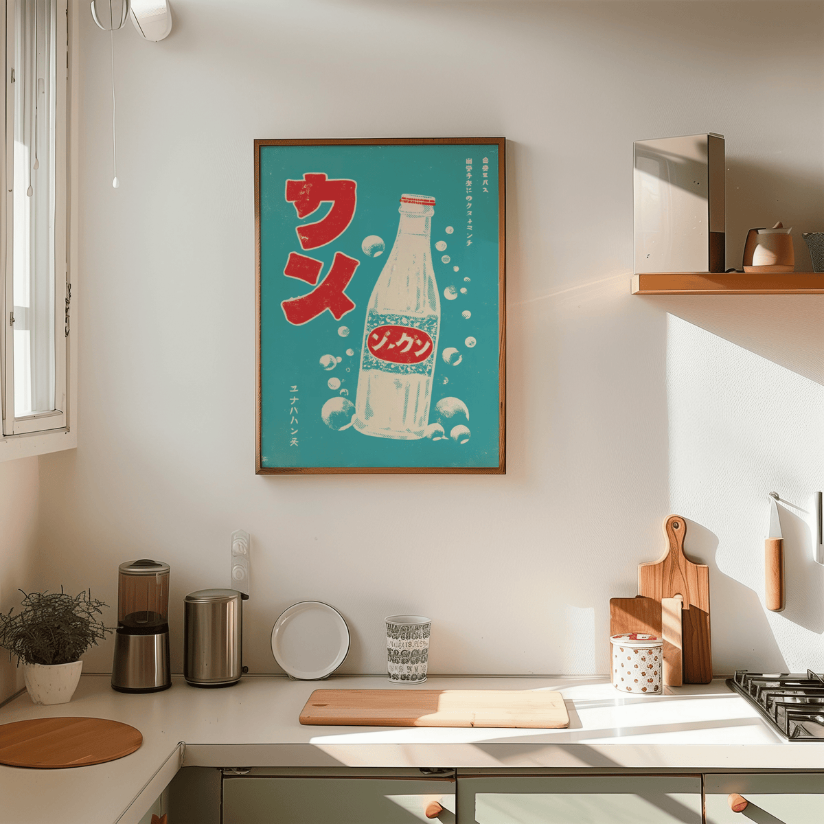 Japanese Drink Art print of a retro soda bottle with red and teal colours in a sunny kitchen with a wooden shelf
