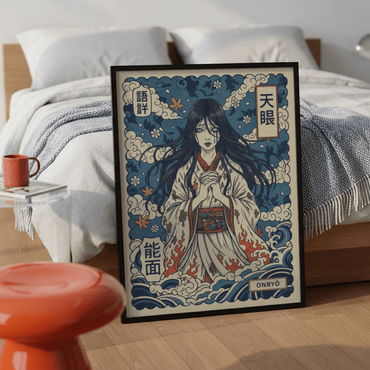 Japanese Ghost Print framed print of a spirit woman with red, blue and cream tones leaning on a bedroom floor near a bed and an orange stool
