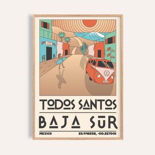 Framed Baja Sur art print showing a minimalist surfboard and van in soft orange and teal tones