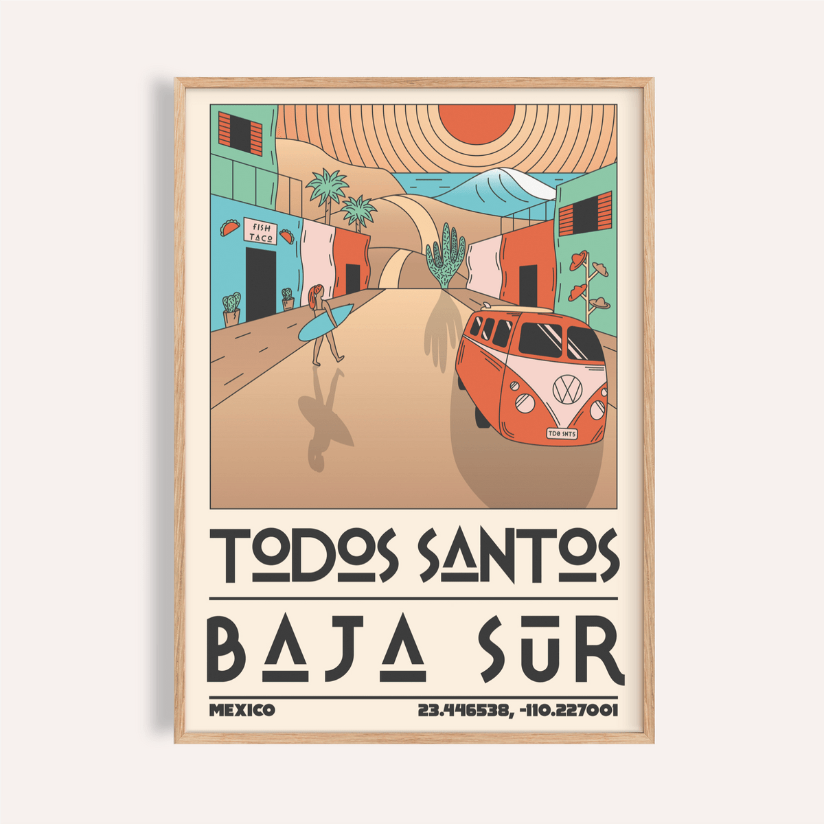 Framed Baja Sur art print showing a minimalist surfboard and van in soft orange and teal tones