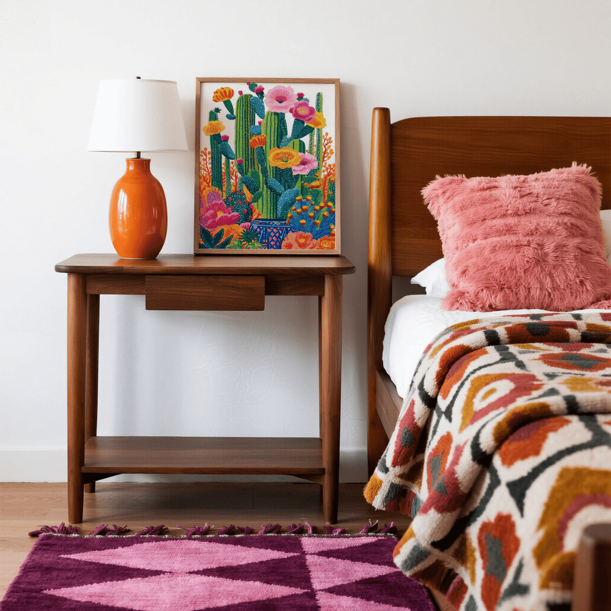 Print leaning on a bedside table of flowering cactus illustration with bright orange lamp beside
