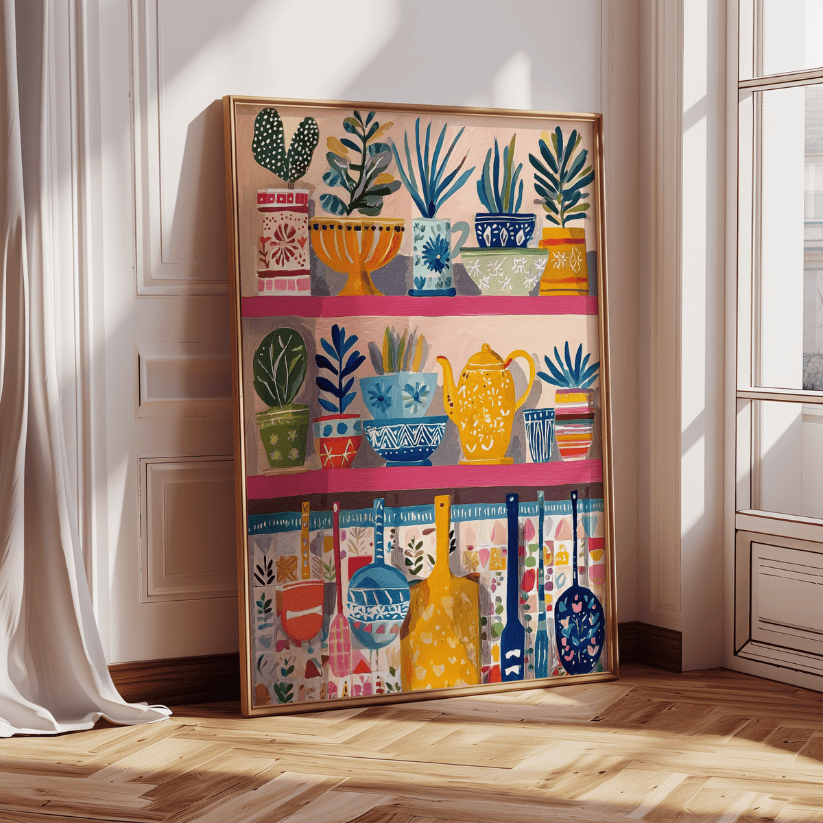 Boho Kitchen Print leaning on floor showing colourful kitchen shelves with plants and utensils by a window