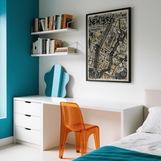Print on a wall in a bedroom showing New York graffiti poster in black, grey and beige with an orange chair