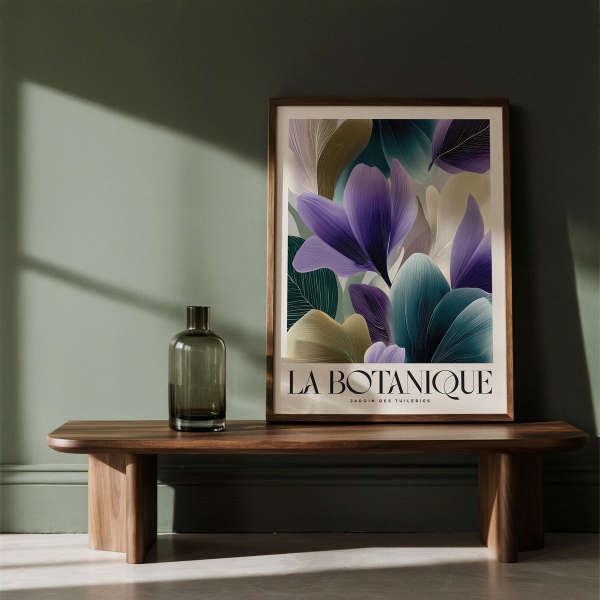 Plant poster with violet flower petals and green leaves framed on a wooden bench with a green bottle