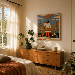 Tarot Magician wall art above a wooden dresser with books and a plant in a sunny bedroom