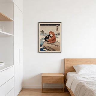 Punch Monkey Poster print of a baby monkey hugging a stuffed monkey in soft brown and beige above a bedside table