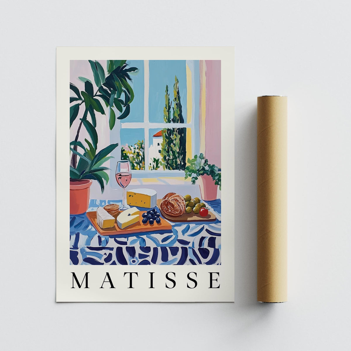 French Prints poster with cheese and bread countryside lunch next to a packaging tube