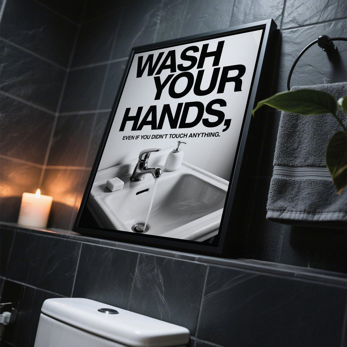 Framed Toilet Wall Art Funny with running water sink in a bathroom above a toilet