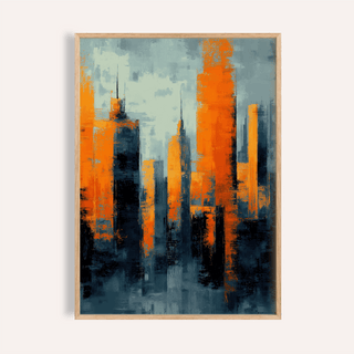 Framed close-up of contemporary urban art showing abstract skyscrapers in orange and grey tones