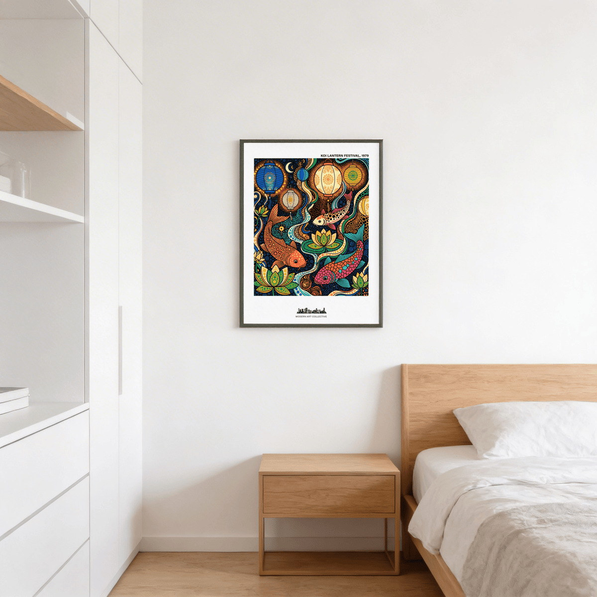 Colourful koi fish poster with lanterns illustrated in botanical style on a bedroom wall above a wooden bedside table